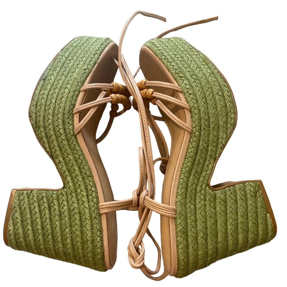 Urban Outfitters Marabelle Beaded Platform Heels NWOB, Tan/Green, Size 8